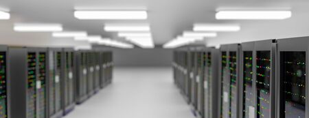 Server racks in server room cloud data center. Exit door. Datacenter hardware cluster. Backup,...