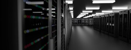 Server racks in server room cloud data center. Exit door. Datacenter hardware cluster. Backup,...
