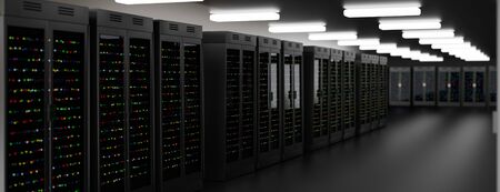 Server racks in server room cloud data center. Exit door. Datacenter hardware cluster. Backup,...