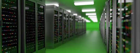 Server racks in server room cloud data center. Exit door. Datacenter hardware cluster. Backup,...