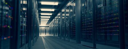 Servers. Server racks in server room cloud data center. Datacenter hardware cluster. Backup, hosting, mainframe, farm and computer rack with storage information. 3D rendering. 3D illustrationの写真素材