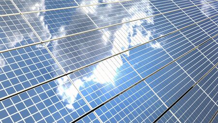 Solar panel background of photovoltaic modules for renewable energy. Clouds and blue sky in mirror....