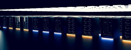 Server racks in server room cloud data center. Datacenter hardware cluster. Backup, hosting, mainframe, mining, farm and computer rack with storage information. 3D rendering. 3D illustrationの写真素材