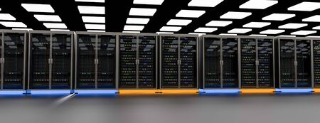 Server racks in server room cloud data center. Datacenter hardware cluster. Backup, hosting,...