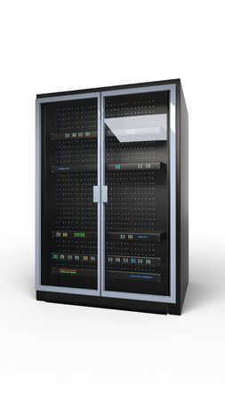Server rack image. Isolated on white background. Vertical. 3d render. Illustration