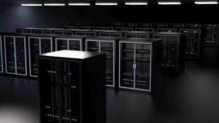 Server racks in server room cloud data center. Datacenter hardware cluster. Backup, hosting, mainframe, farm and computer rack with storage information. 3D rendering. 3D illustrationの写真素材