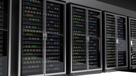 Server racks in server room cloud data center. Datacenter hardware cluster. Backup, hosting,...