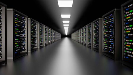 Server racks in server room cloud data center. Datacenter hardware cluster. Backup, hosting,...