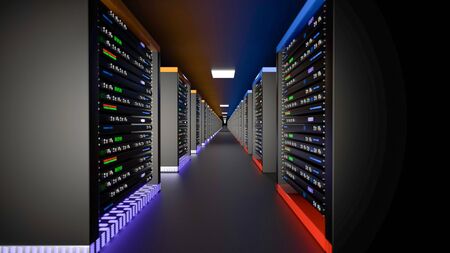 Server racks in server room cloud data center. Datacenter hardware cluster. Backup, hosting,...