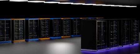 Server racks in server room cloud data center. Datacenter hardware cluster. Backup, hosting, mainframe, mining, farm and computer rack with storage information. 3D rendering. 3D illustrationの写真素材
