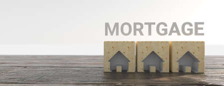 Mortgage concept. Wooden house model with text mortgage. 3d illustrationの写真素材