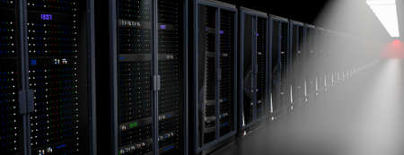Server racks in server room cloud data center. Datacenter hardware cluster. Backup, hosting,...
