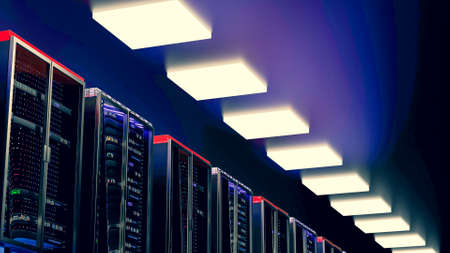 Server racks in server room cloud data center. Datacenter hardware cluster. Backup, hosting,...