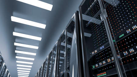 Server racks in server room cloud data center. Datacenter hardware cluster. Backup, hosting,...
