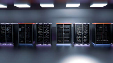 Server racks in server room cloud data center. Datacenter hardware cluster. Backup, hosting,...