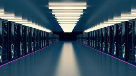 Server racks in server room cloud data center. Datacenter hardware cluster. Backup, hosting, mainframe, mining, farm and computer rack with storage information. 3D rendering. 3D illustrationの写真素材
