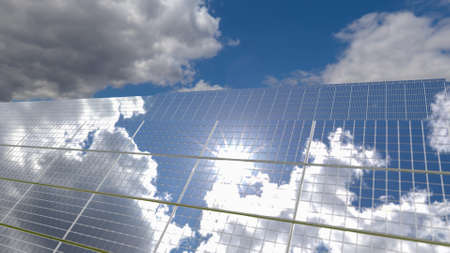 Solar panel background of photovoltaic modules for renewable energy. Clouds and blue sky in mirror....