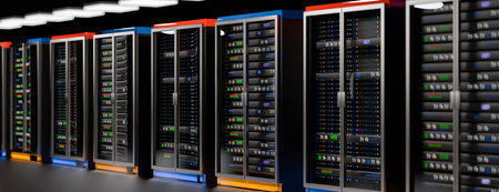 Server room data center. Backup, mining, hosting, mainframe, farm and computer rack with storage...