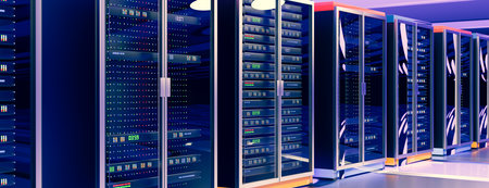 Server room data center. Backup, mining, hosting, mainframe, farm and computer rack with storage...