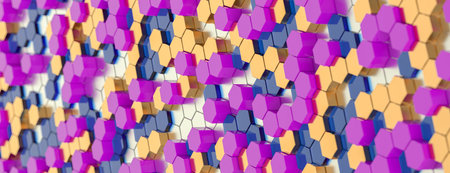 Hexagon abstract pattern. Honeycomb shape colorful decorative ceramic tiles on wall. 3d rendering