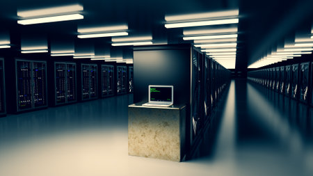 Server room data center. Backup, mining, hosting, mainframe, farm and computer rack with storage information. 3d renderの写真素材