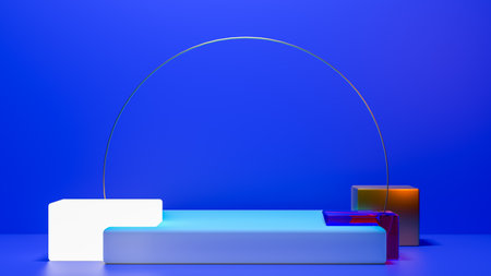 Shiny pedestal podium. Abstract 3d concept illuminated pedestal by spotlights. Perfect image for fashion, clothes or cosmetics. Place your object or product on pedestal. 3d renderingの写真素材