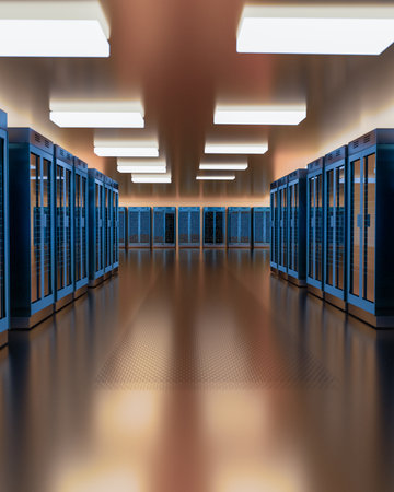 Server room data center. Backup, mining, hosting, mainframe, farm and computer rack with storage...