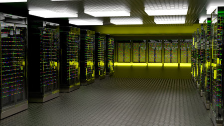 Servers. Server room data center. Backup, hosting, mainframe, farm and computer rack with storage information. 3d renderの写真素材