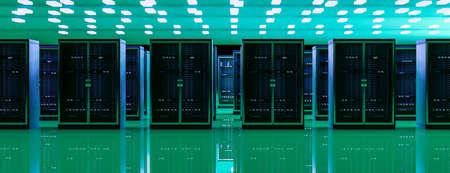 Server room data center. Backup, mining, hosting, mainframe, farm and computer rack with storage information. 3d renderの写真素材