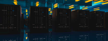 Server room data center. Backup, mining, hosting, mainframe, farm and computer rack with storage information. 3d renderの写真素材