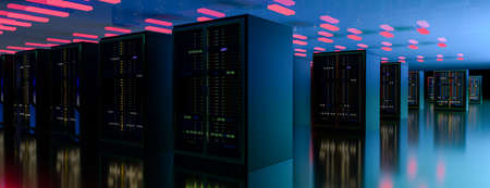 Server room data center. Backup, mining, hosting, mainframe, farm and computer rack with storage...