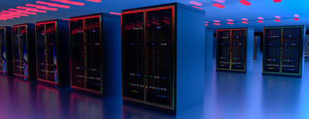 Server room data center. Backup, mining, hosting, mainframe, farm and computer rack with storage...