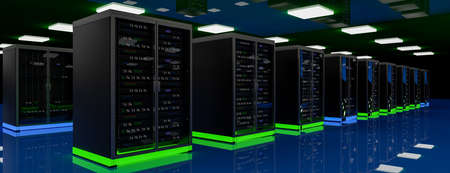 Server room data center. Backup, mining, hosting, mainframe, farm and computer rack with storage information. 3d renderの写真素材