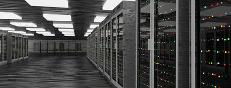 Server room data center. Backup, mining, hosting, mainframe, farm and computer rack with storage...