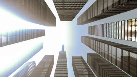 Panoramic and perspective view to steel light blue background of glass high rise building skyscraper city of future. Business concept of industry tech architecture. 3d rendering. 3d illustrationの写真素材