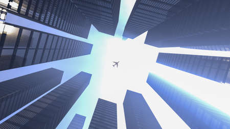 Perspective view to steel light blue of glass high rise building skyscraper city of future and...