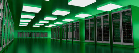 Server room data center. Backup, mining, hosting, mainframe, farm and computer rack with storage information. 3d renderの写真素材