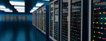 Server room data center. Backup, mining, hosting, mainframe, farm and computer rack with storage...