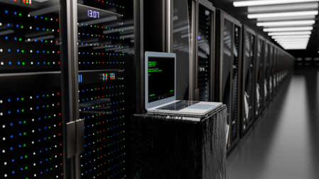 Server room data center. Rackmount LED console. Backup, mining, hosting, mainframe, farm and computer rack with storage information. 3d renderの写真素材