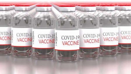 Many disposable vials on the conveyor on the table of vaccine. Medicine infectious concept. 3d renderingの写真素材