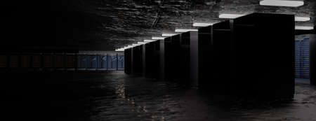 Server room data center. Backup, mining, hosting, mainframe, farm and computer rack with storage information. 3d renderの写真素材