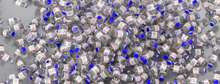 Many disposable vials on the table of Covid-19 coronavirus vaccine. Medicine infectious concept. 3d...