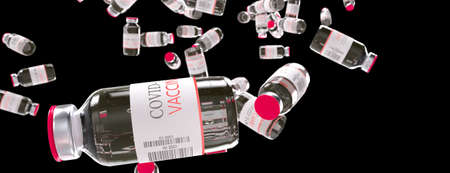 Vaccine. Many disposable vials on the table of Covid-19 coronavirus vaccine. Medicine infectious concept. 3d renderingの写真素材