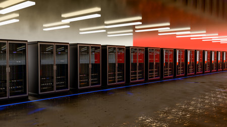 Server room data center. Backup, mining, hosting, mainframe, farm and computer rack with storage...