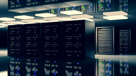 Server room data center. Backup, mining, hosting, mainframe, farm and computer rack with storage information. 3d renderの写真素材