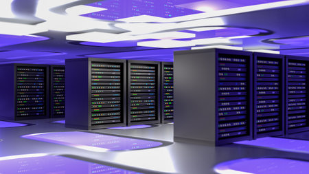 Server room data center. Backup, mining, hosting, mainframe, farm and computer rack with storage...