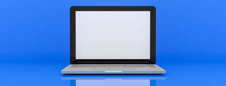 Laptop computer white blank screen on work table front view. Copy space. 3d rendering