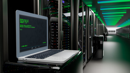 Rackmount LED console in server room data center. Server. Room servers data center. Backup, mining,...