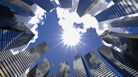 Perspective view to steel light blue of glass high rise building skyscraper city of future and airplane. Business and travel concept of industry tech architecture. 3d rendering. 3d illustrationの写真素材