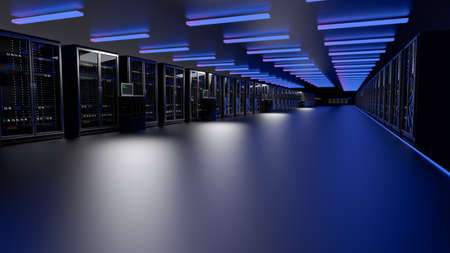 Rackmount LED console in server room data center. Server. Room servers data center. Backup, mining,...